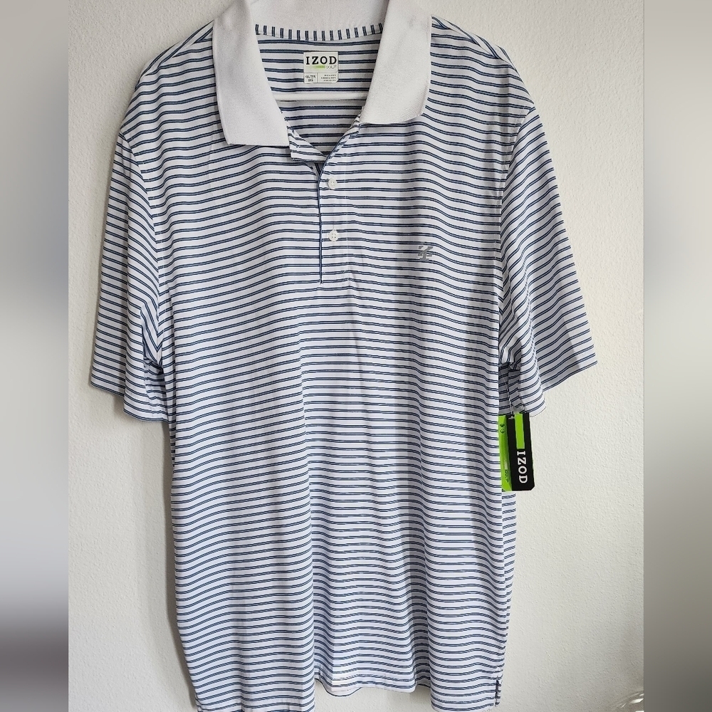 IZOD Golf Men's White Blue Striped Short Sleeve Polo Shirt XXL/TTG (NWT)